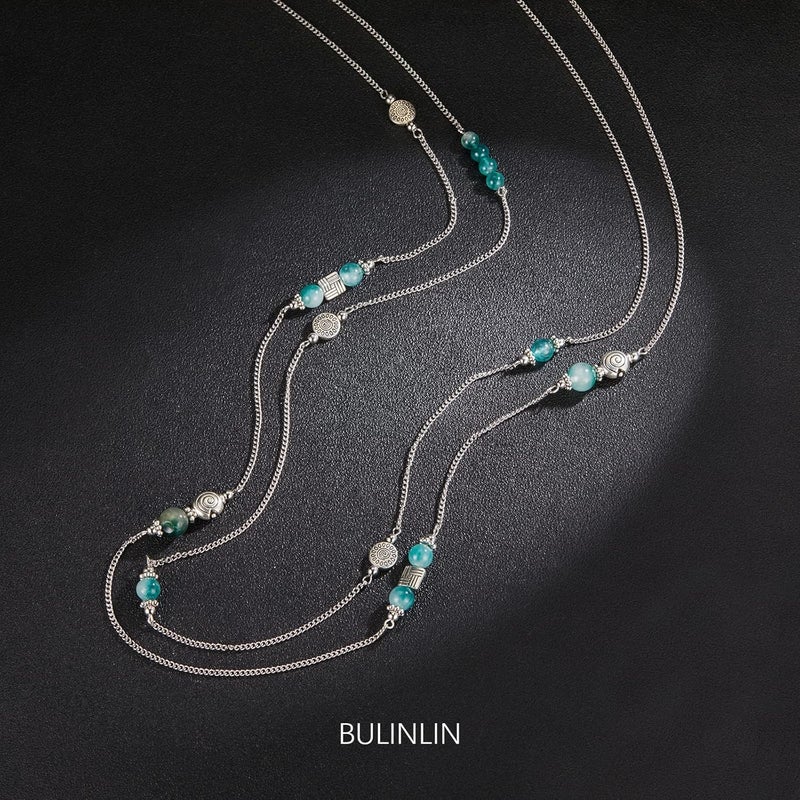 BULINLIN Layered Silver Long Necklace for Women Turquoise Stone Beaded Strand Sweater Chain Necklaces Fashion Costume Jewelry Gifts for Mom - Image 1